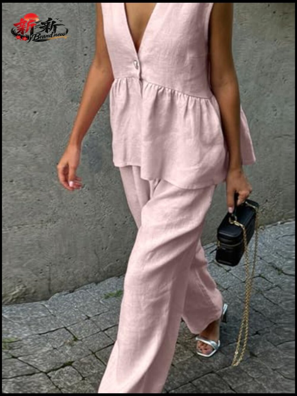 Sleeveless V Neck Peplum Vest Wide Leg Pant Suit Set 2 Piece Summer Outfit - Picture 4 of 7